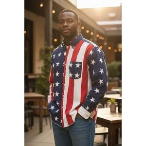 Vintage‎ Brooks & Dunn Panhandle Slim Mens Button Up Shirt Flag American L